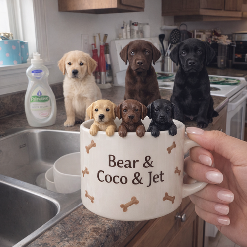 Custom pet mug with three Labrador figurines — Bear & Coco & Jet