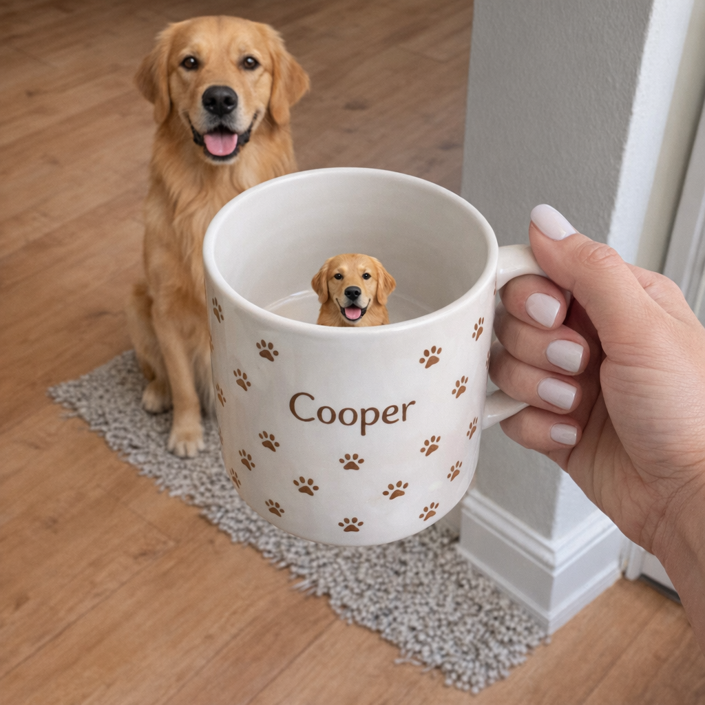 Custom pet mug with golden retriever figurine — Cooper