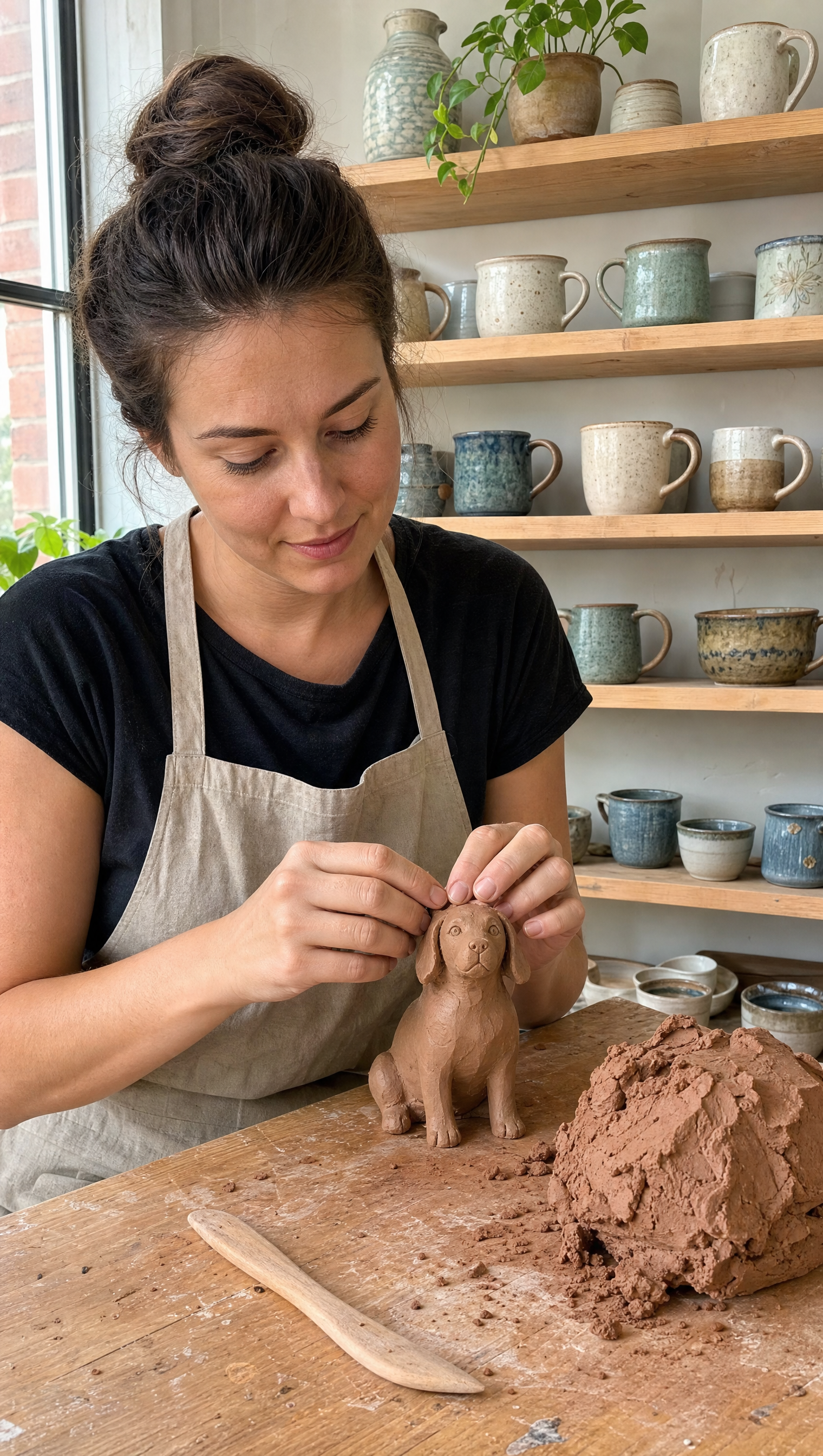 A potter's hands sculpting a small clay dog figurine by hand in a ceramics studio