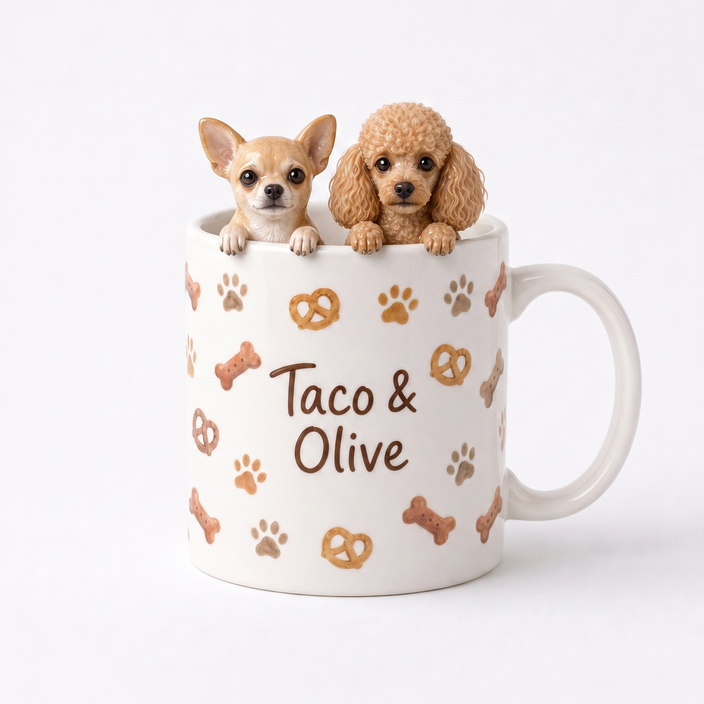 Custom pet mug with chihuahua and poodle figurines — Taco & Olive