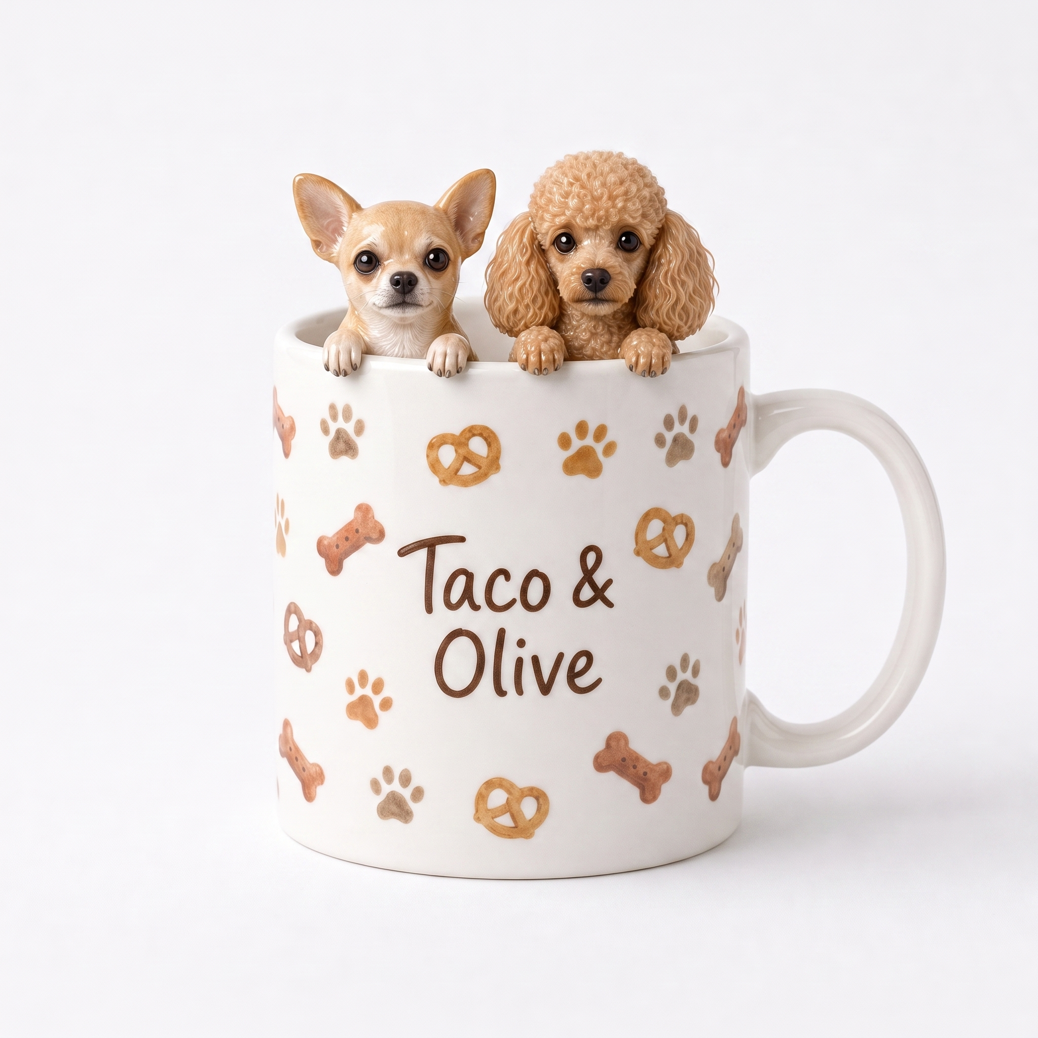 Custom pet mug with chihuahua and poodle figurines — Taco & Olive