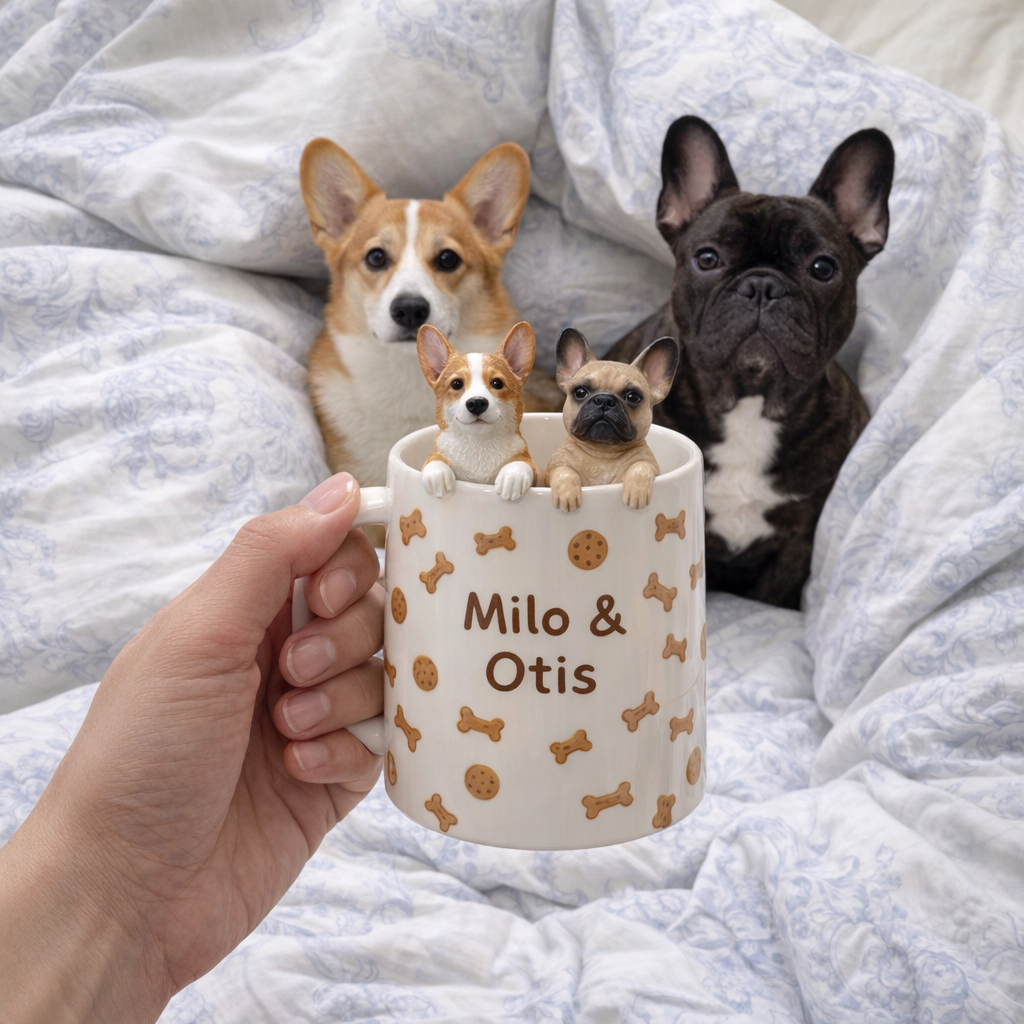 Custom pet mug with corgi and French bulldog figurines — Milo & Otis