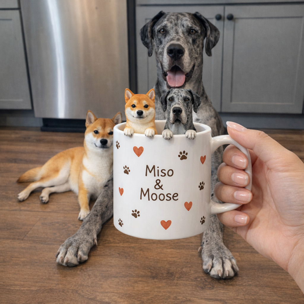 Custom pet mug with Shiba Inu and Great Dane figurines — Miso & Moose