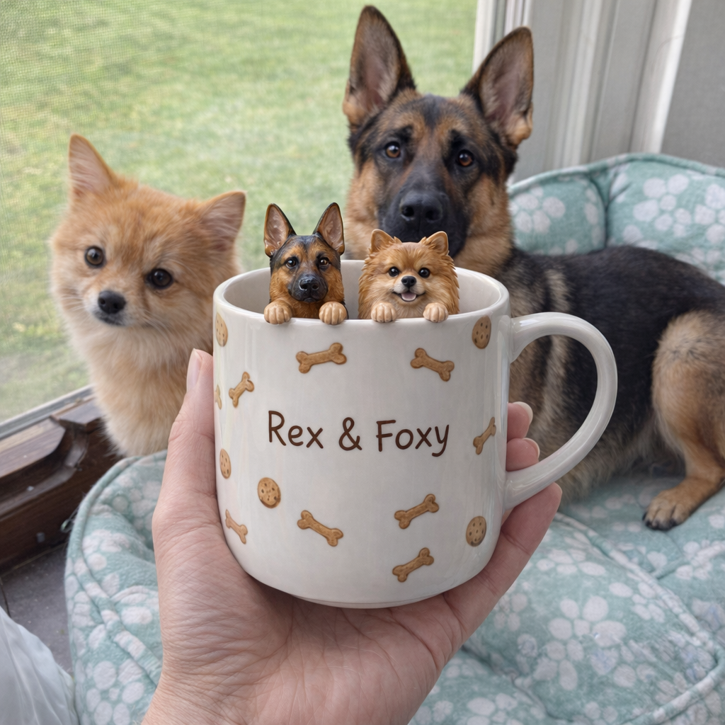 Custom pet mug with German Shepherd and Pomeranian figurines — Rex & Foxy